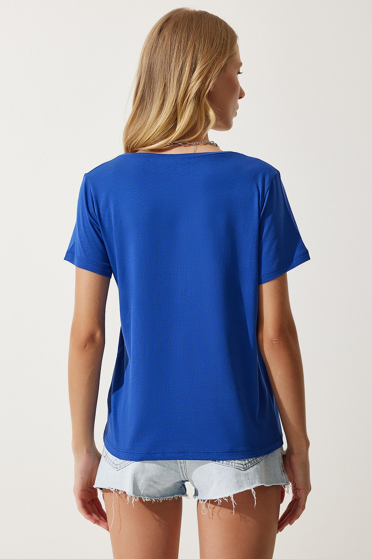 Mavi V Yaka Basic Örme T-Shirt  UB00261