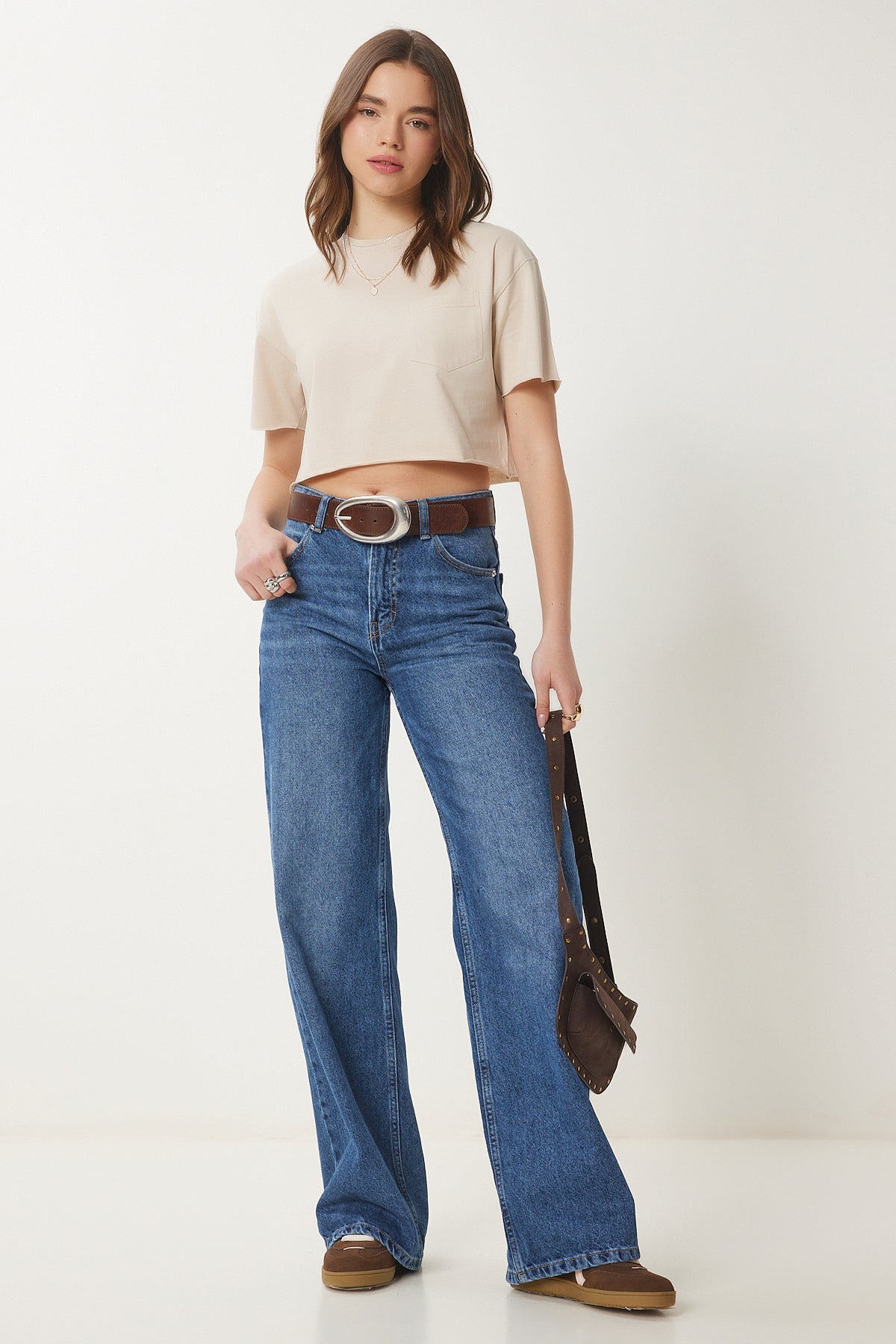 Krem Pamuklu Crop Örme T-Shirt CR00443