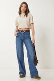 Krem Pamuklu Crop Örme T-Shirt CR00443