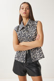 Ekru Siyah Leopar Desenli Gömlek Yaka Denim Yelek FN03418