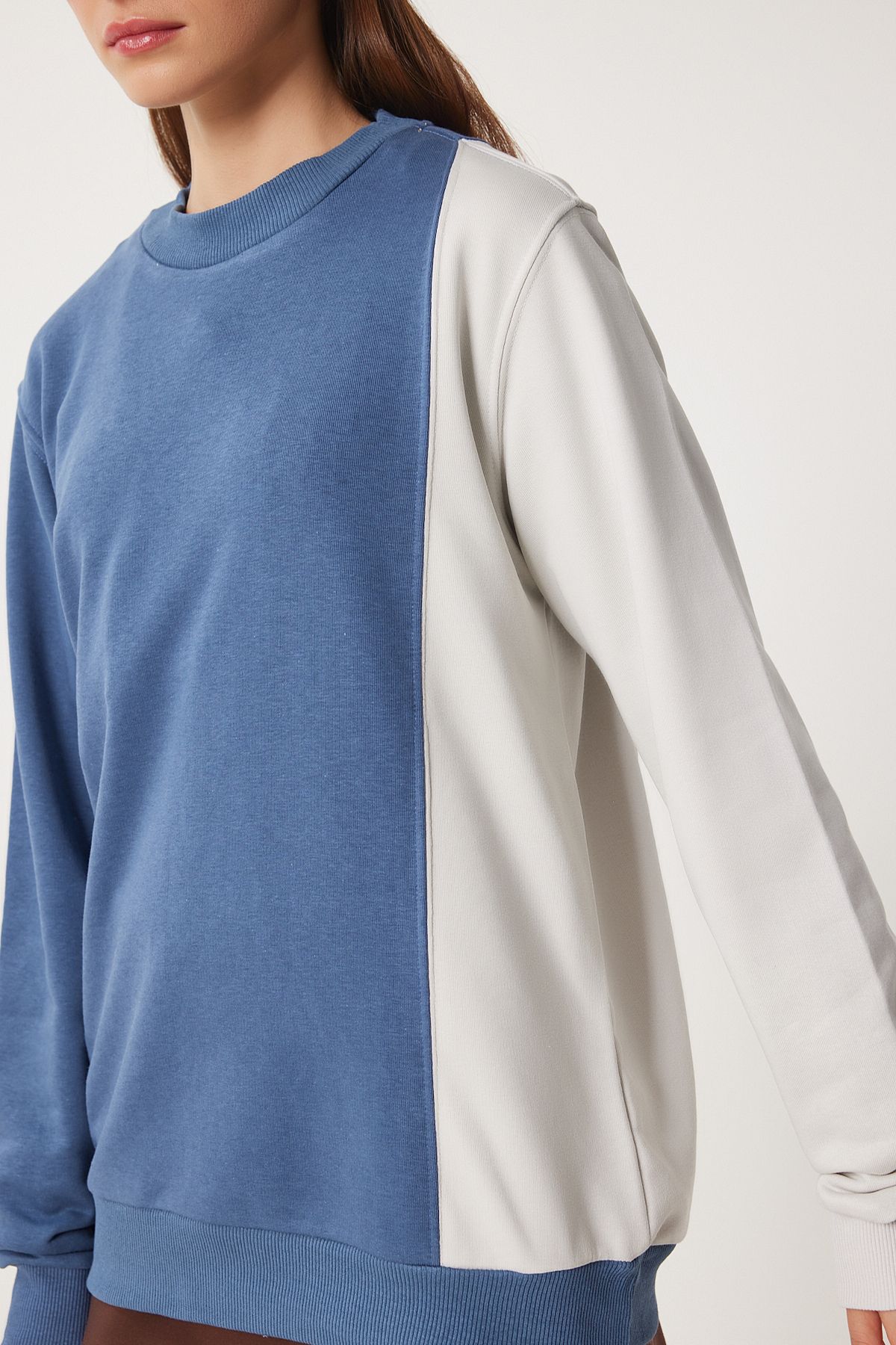 İndigo Mavi Blok Renkli Örme Sweatshirt VN00021