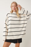 Krem Çizgili Oversize Uzun Triko Kazak YY00087