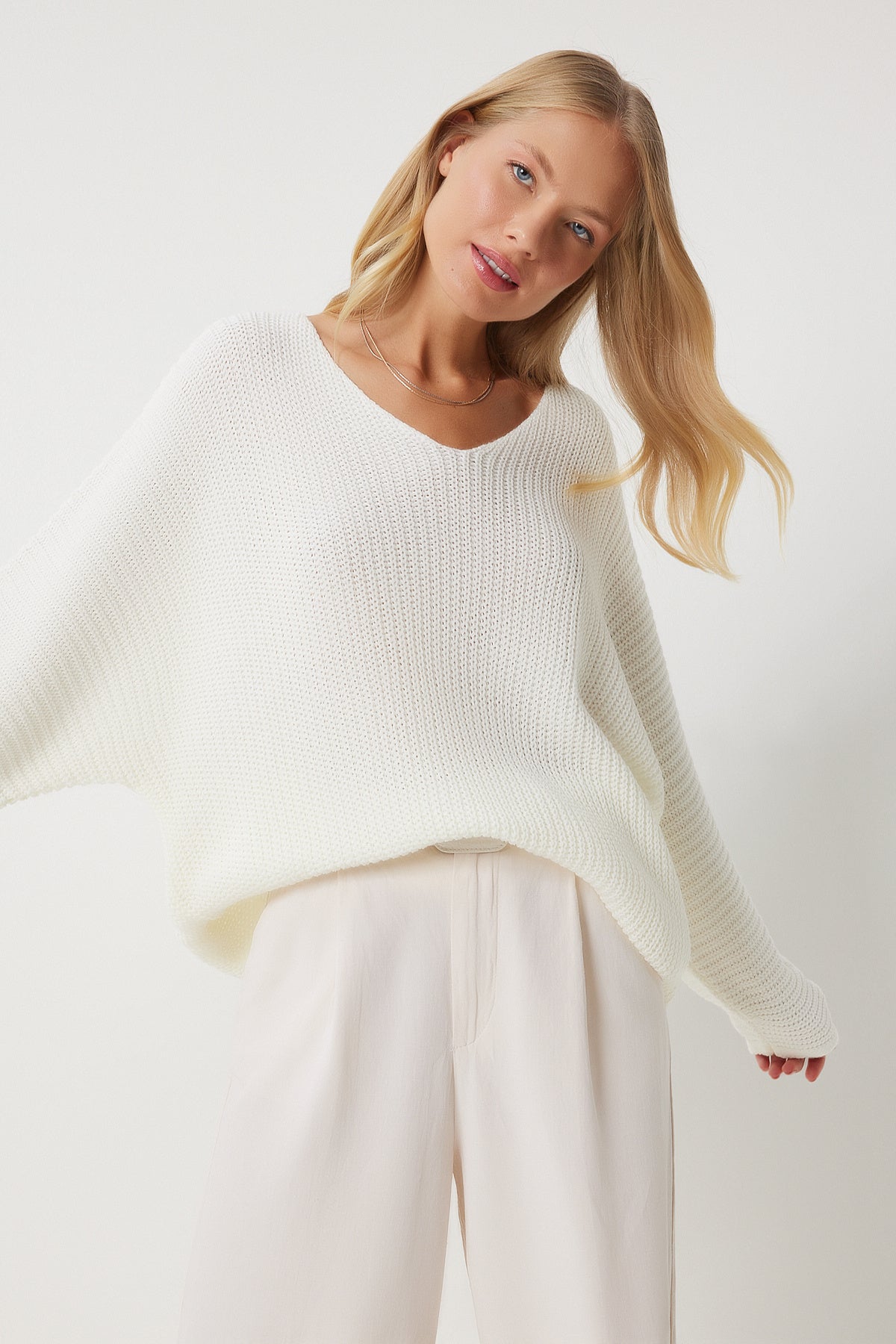 Ekru V Yaka Selanik Örgü Oversize Triko Kazak ZA00059