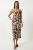 Siyah Bej Leopar Desenli Askılı Midi Elbise KJ00013