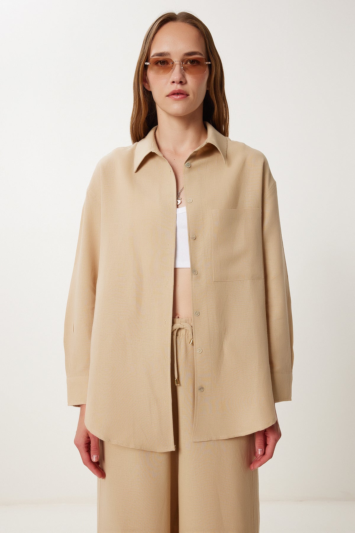Bej Oversize Keten Gömlek Pantolon Takım WF00118