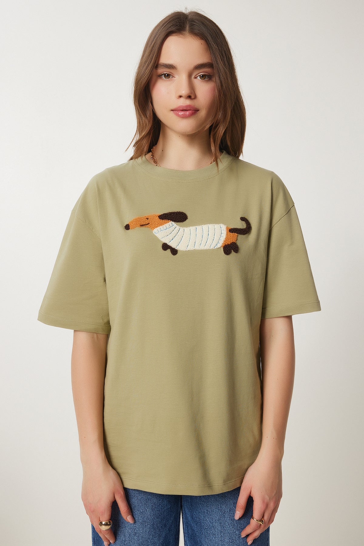 Zeytin Yeşili Nakışlı Pamuklu Oversize Örme T-Shirt CR00457