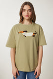 Zeytin Yeşili Nakışlı Pamuklu Oversize Örme T-Shirt CR00457