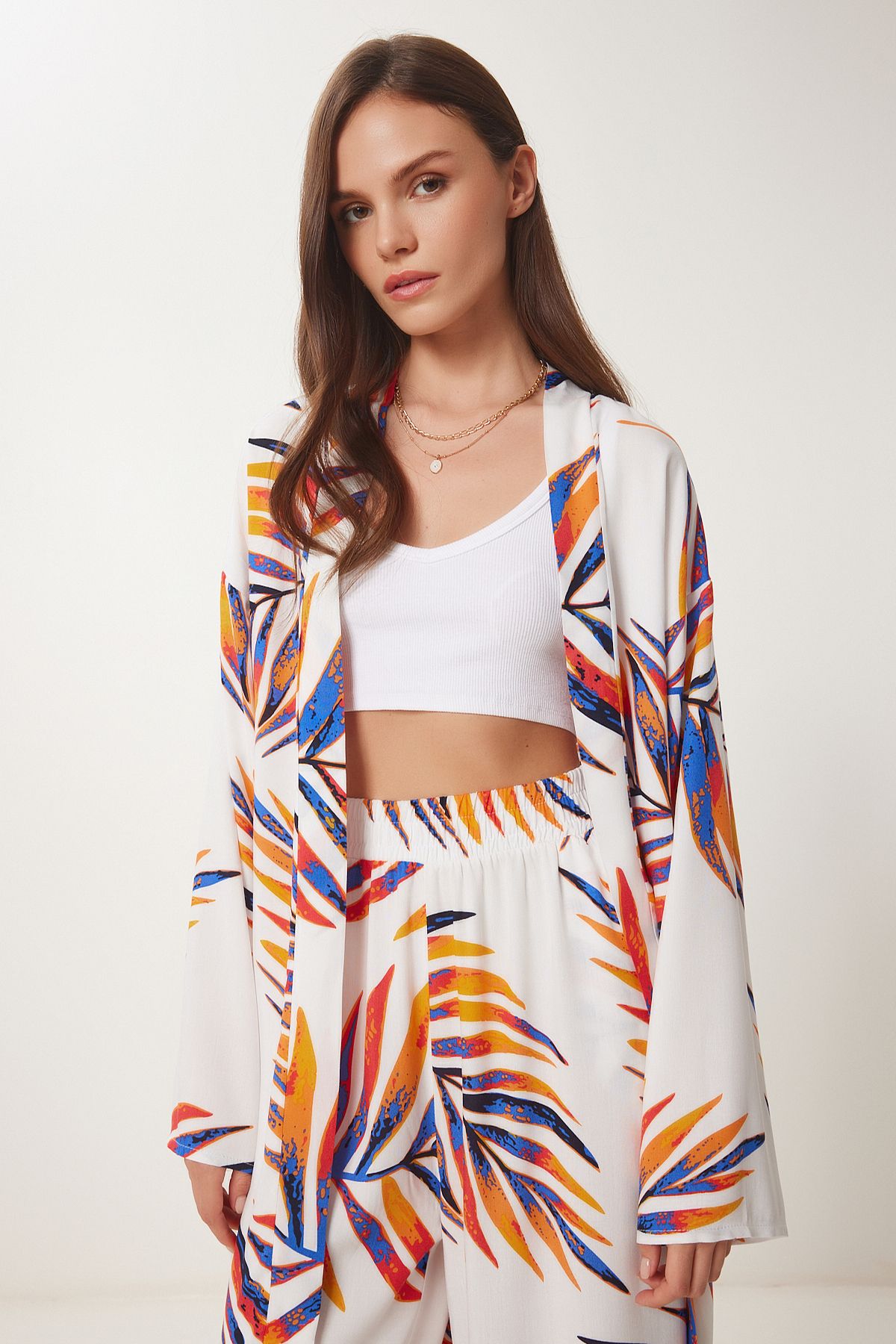 Oranj Beyaz Desenli Viskon Kimono Pantolon Takım JE00002