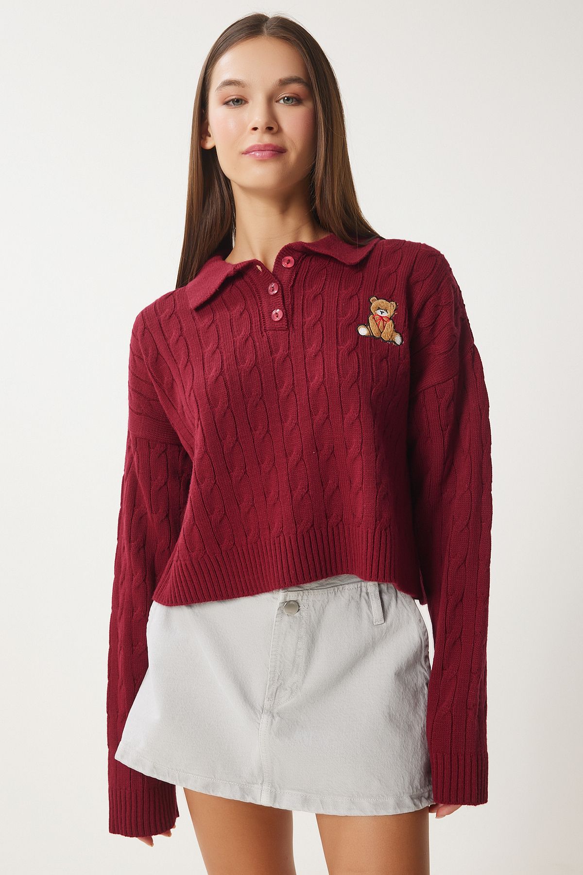 Bordo Motifli Triko Kazak ZH00043