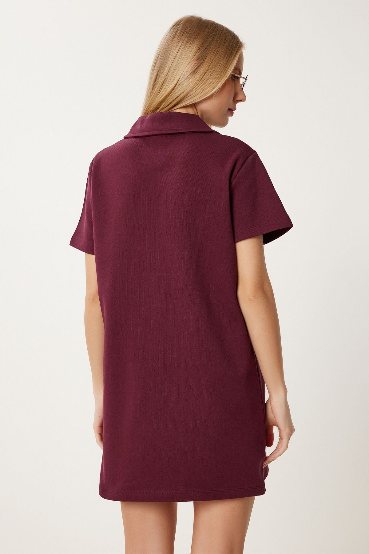 Bordo Polo Yaka Pike Örme Mini Elbise DP00253