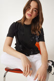 Siyah Fiyonklu Pamuklu Örme T-Shirt CR00453