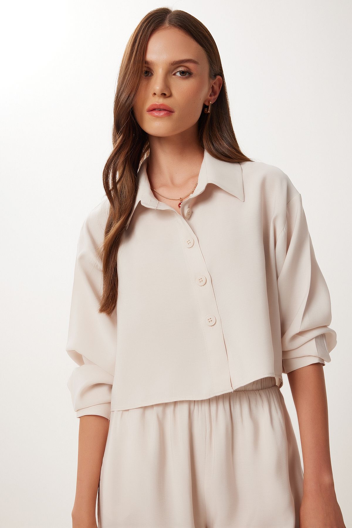 Krem Modal Gömlek Pantolon Takım BV00158