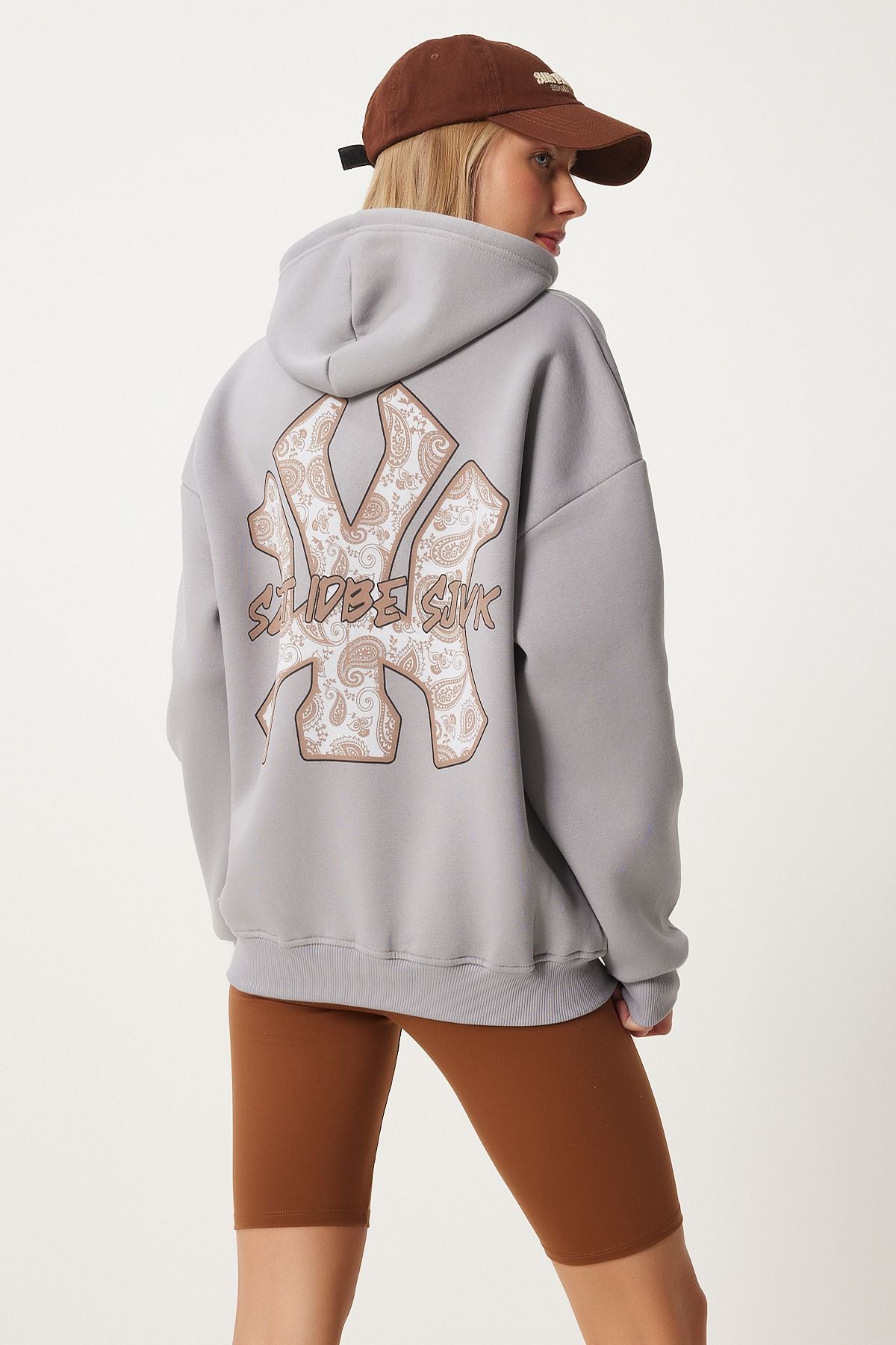 Gri Baskılı Kapüşonlu Oversize Örme Sweatshirt VN00009