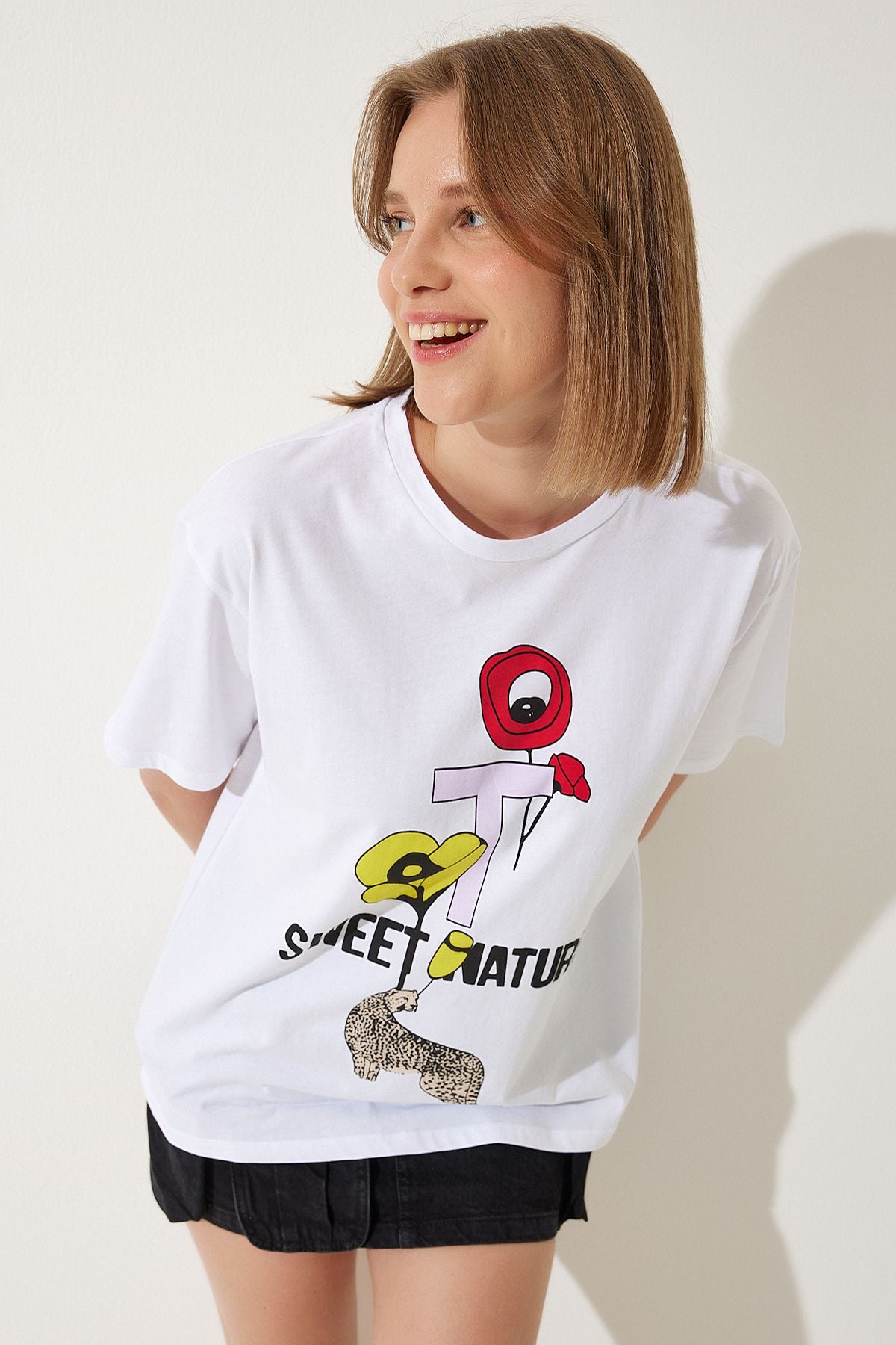 Beyaz Baskılı Oversize Örme T-Shirt WO00039