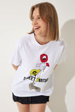 Beyaz Baskılı Oversize Örme T-Shirt WO00039