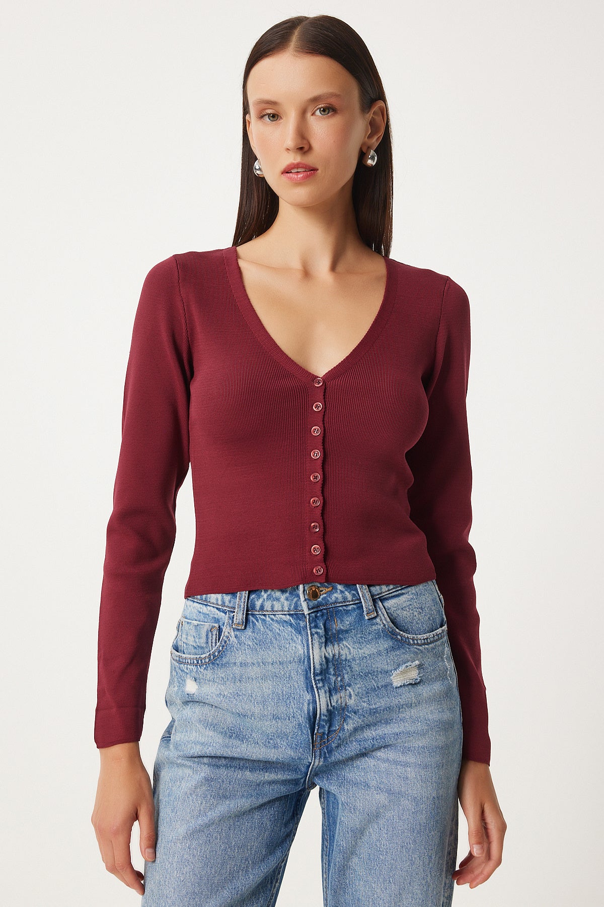 Bordo V Yaka Triko Hırka  FN03356