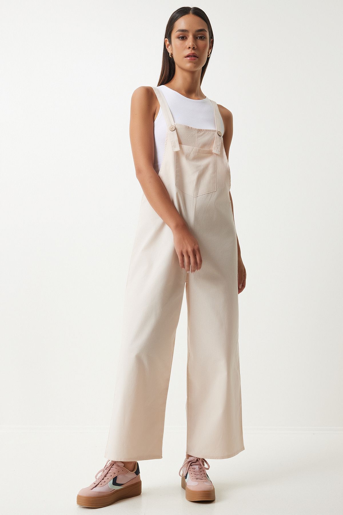 Krem Askılı İnce Gabardin Yazlık Bahçıvan Tulum KY00011