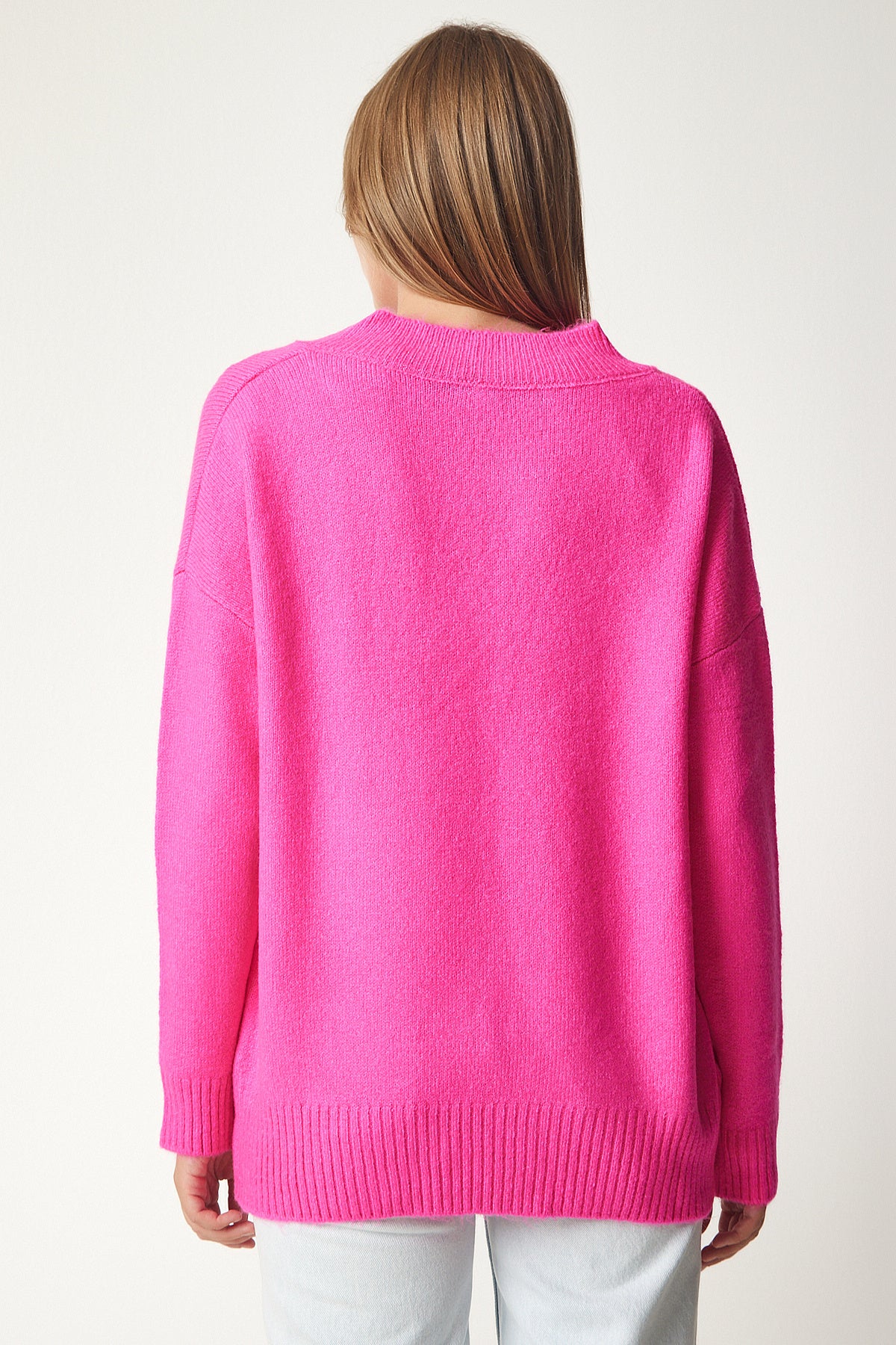 Fuşya V Yaka Oversize Triko Kazak  BV00003