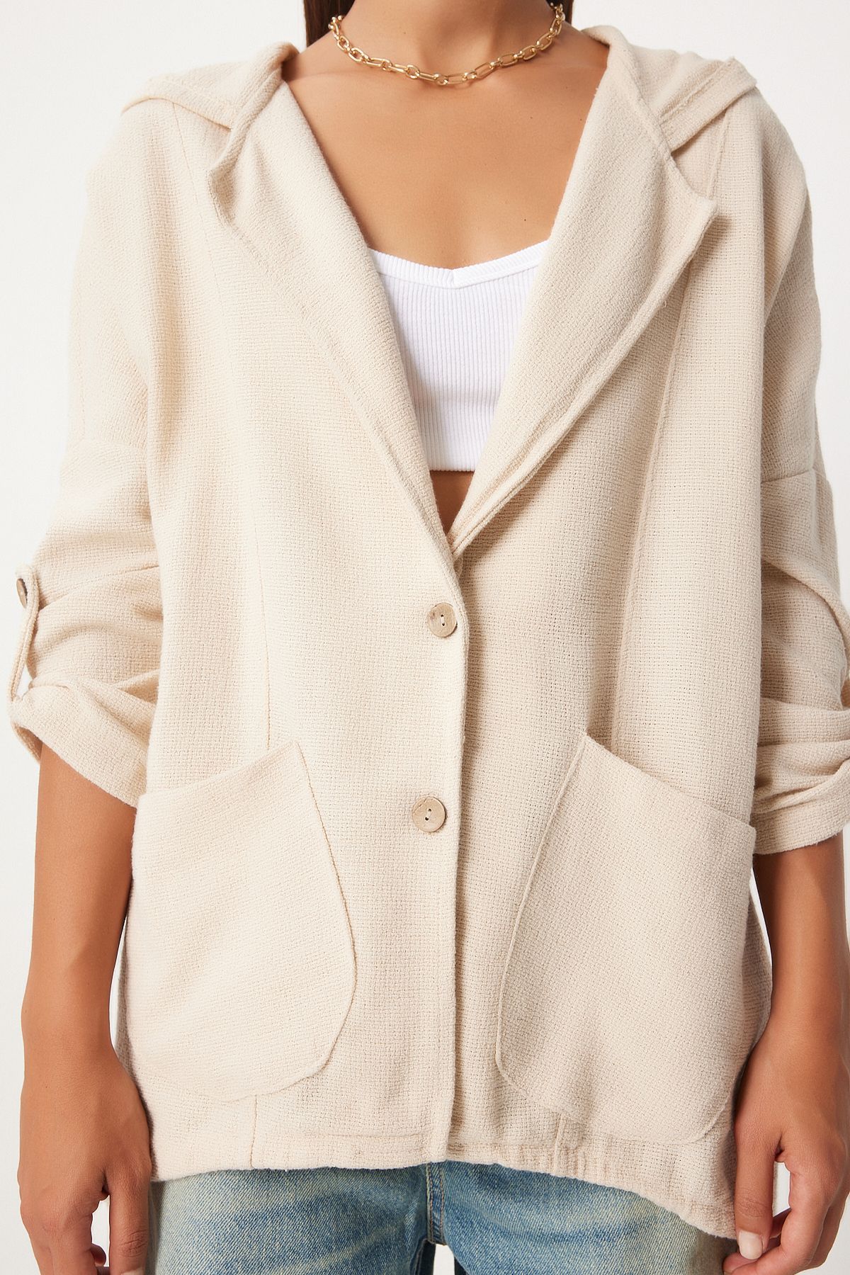 Krem Kapüşonlu Oversize Keten Ceket GP00007