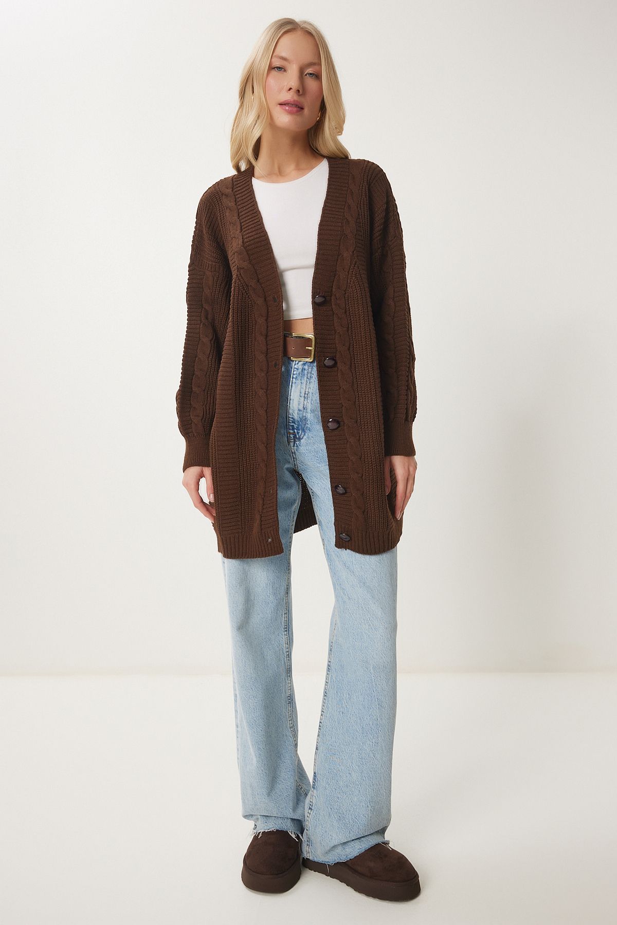 Kahverengi Balon Kollu Oversize Triko Hırka DD01033