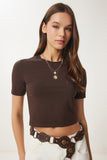 Kahverengi Bisiklet Yaka Crop T-Shirt UB00064