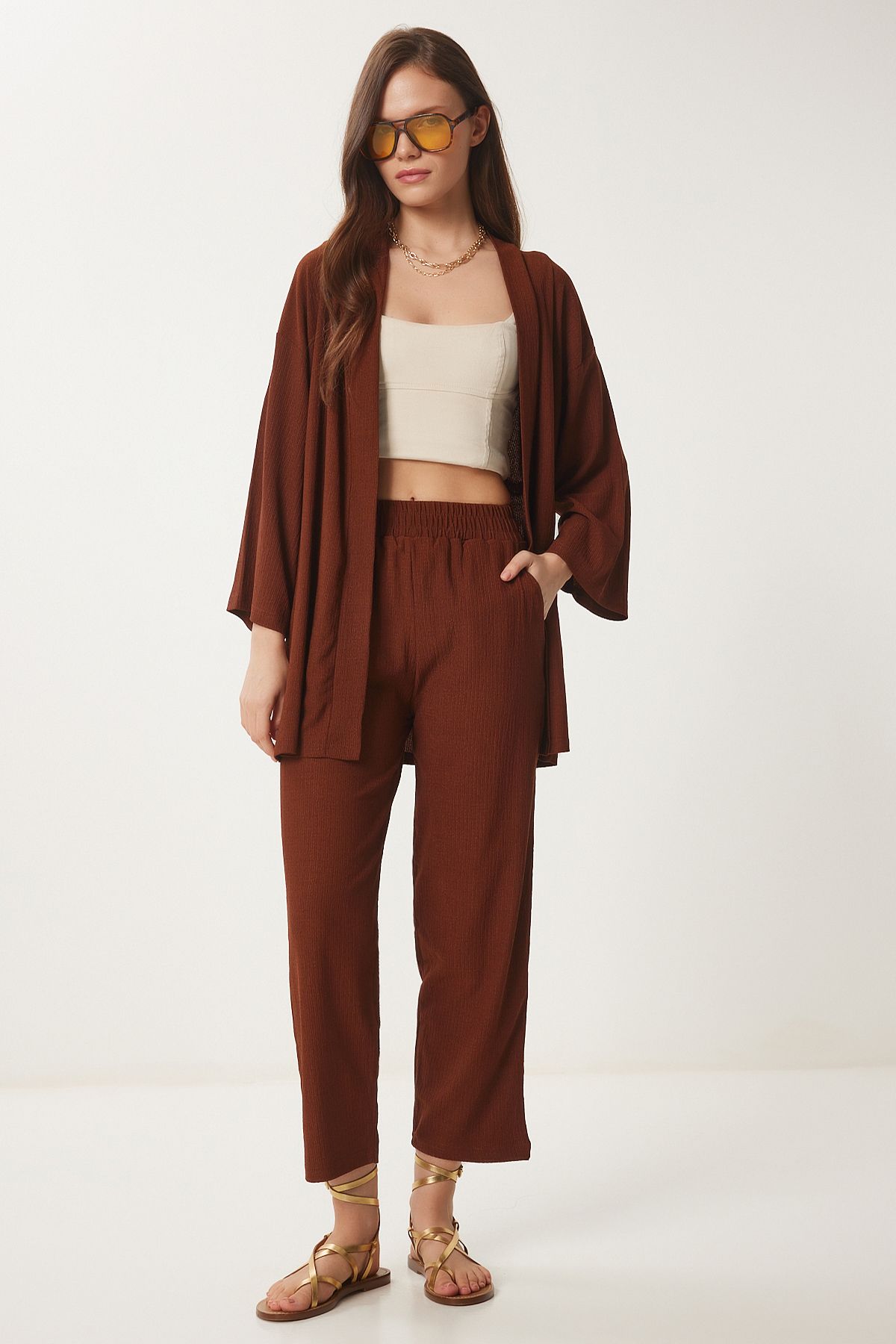 Kahverengi Kimono Pantolon Örme Takımı BY00050