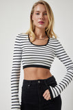 Beyaz Çizgili Fitilli Crop Triko Bluz PF00067
