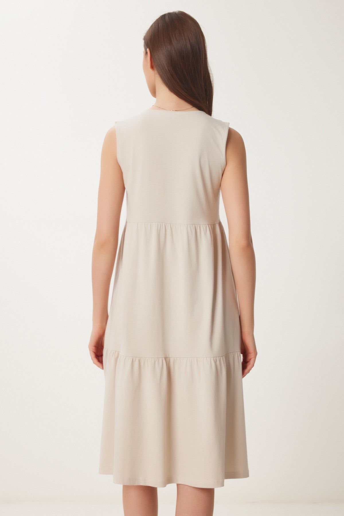 Krem Kolsuz Basic Yazlık Örme Elbise CR00479