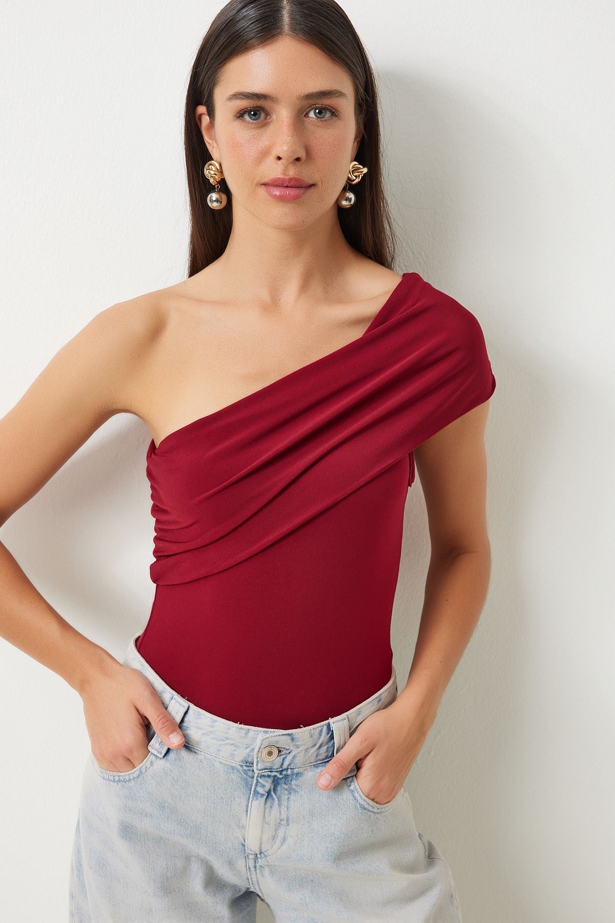 Bordo Tek Omuz Büzgülü Örme Bluz DZ00112