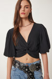 Siyah Balon Kollu Crop Dokuma Bluz RG00052