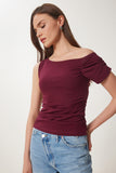 Bordo Büzgü Detaylı Örme Bluz ZV00275
