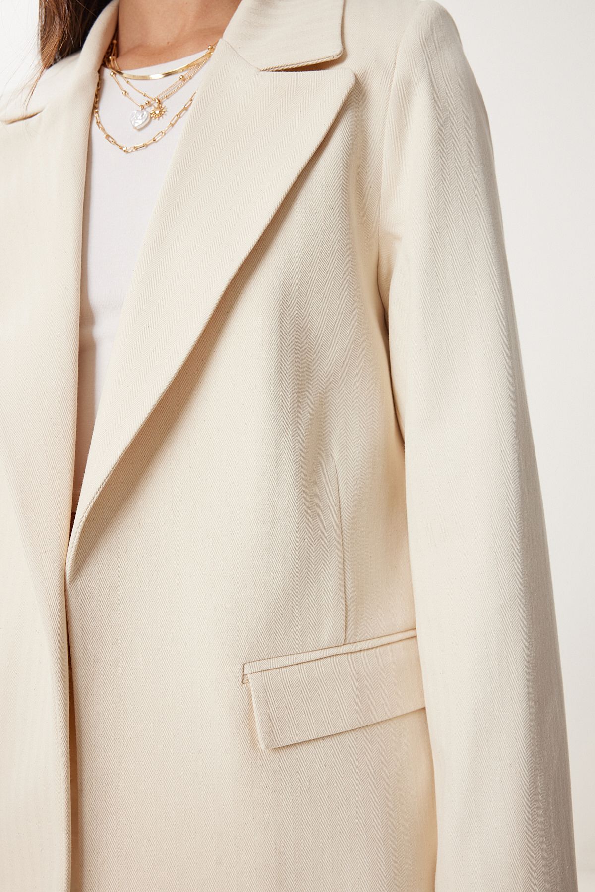 Krem Vatkalı Keten Blazer Ceket XL00004