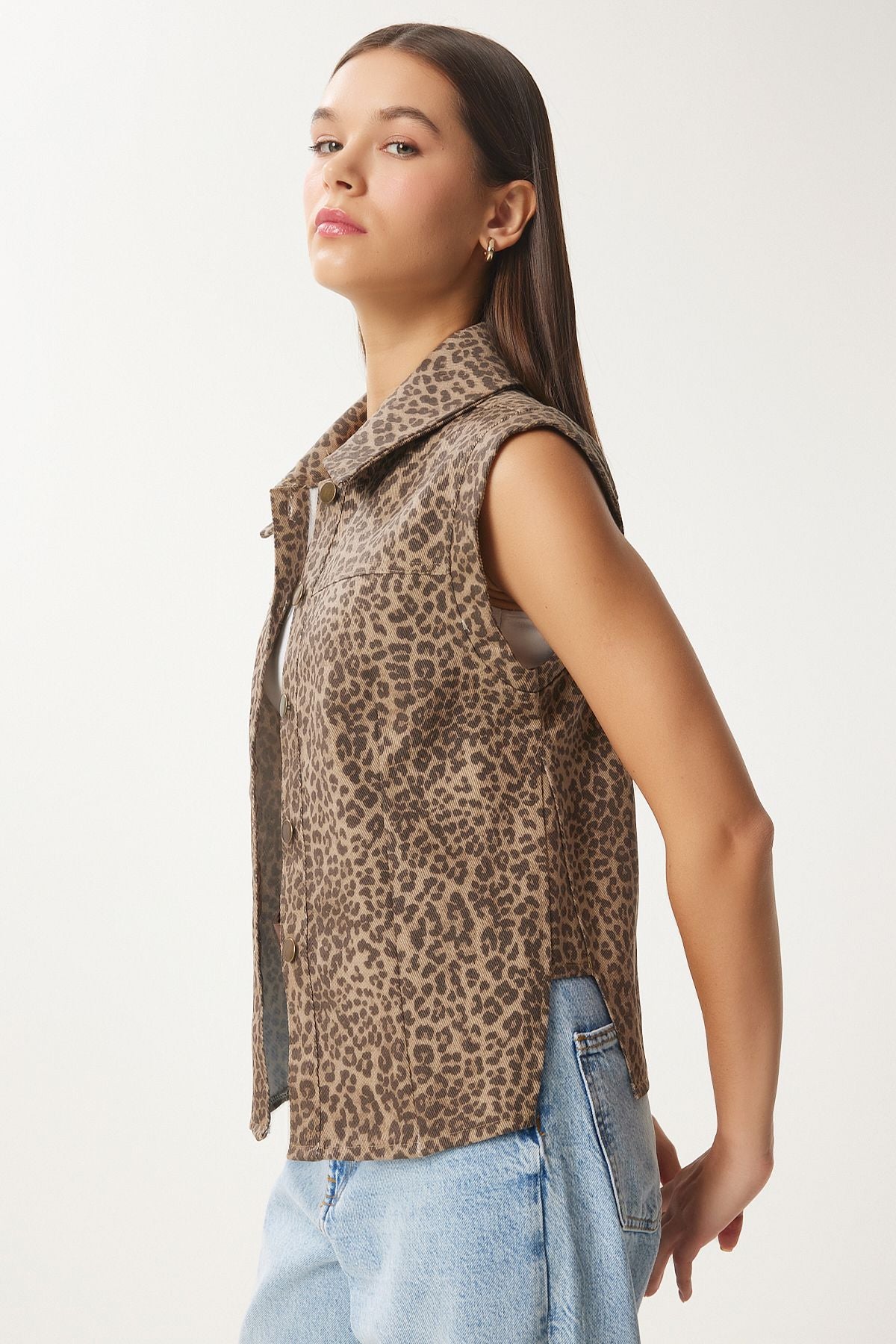 Vizon Kahverengi Leopar Desenli Gömlek Yaka Denim Yelek FN03418