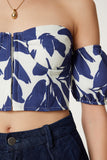 Krem Lacivert Desenli Crop Viskon Bluz CR00510