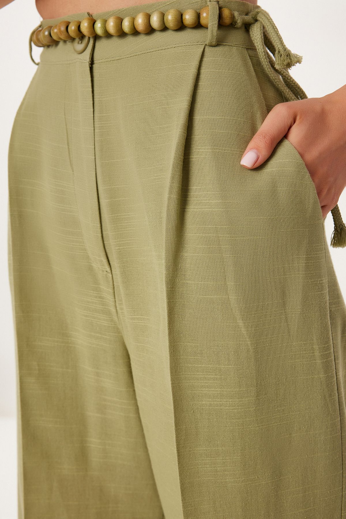 Haki Boncuk Detaylı Keten Bluz Pantolon Takım BV00170