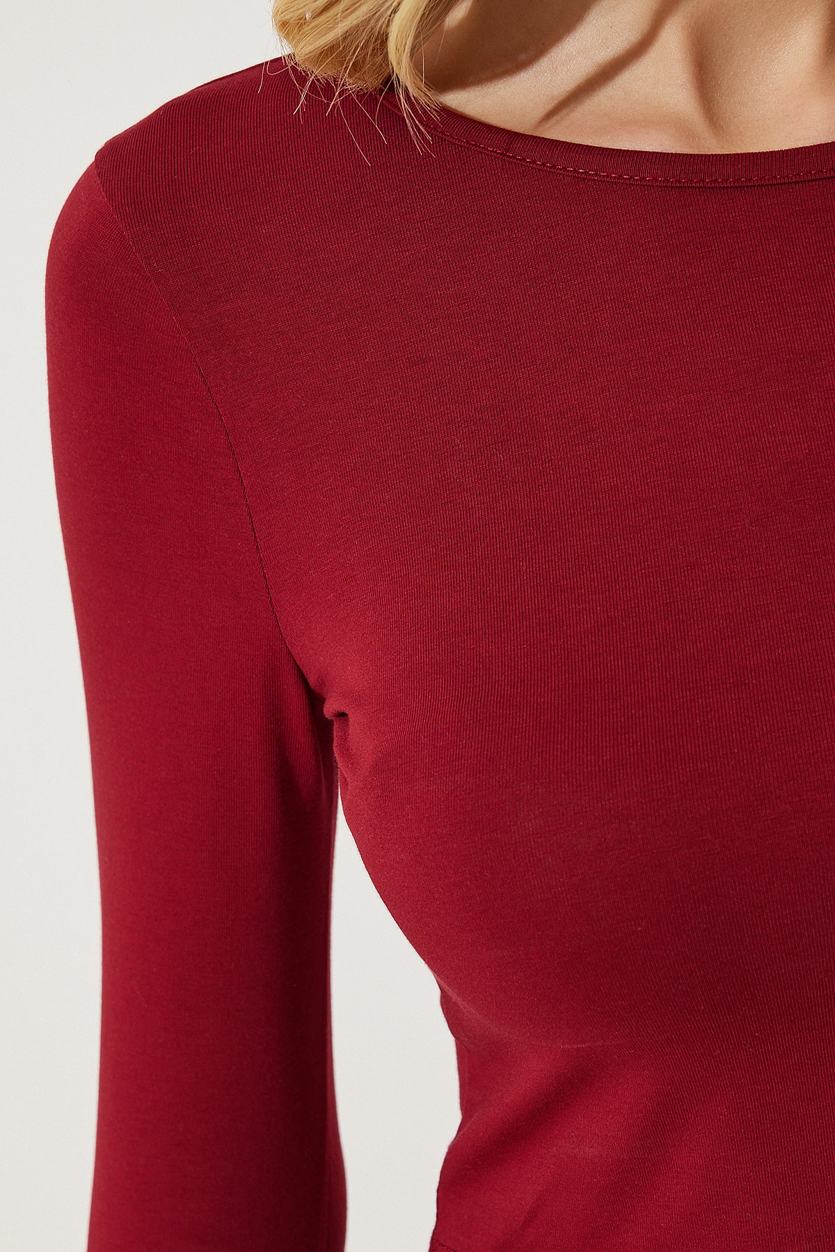 Bordo Siyah Bisiklet Yaka Basic 2'Li Paket Crop Örme Bluz OW00035