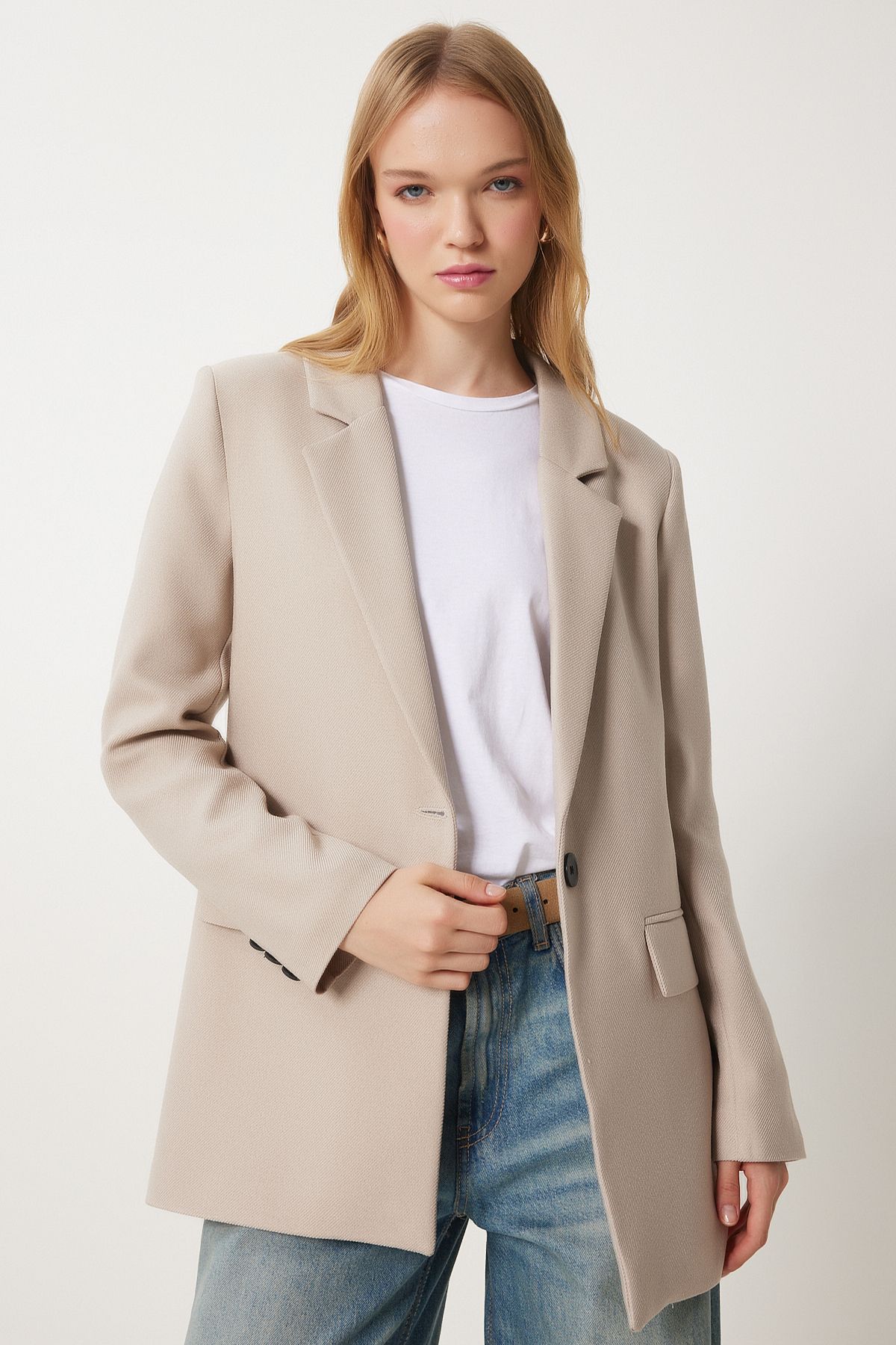 Bej Vatkalı Dokuma Blazer Ceket HL00005