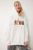 Ekru Yılbaşı Temalı Kapüşonlu Şardonlu Örme Sweatshirt TQ00001