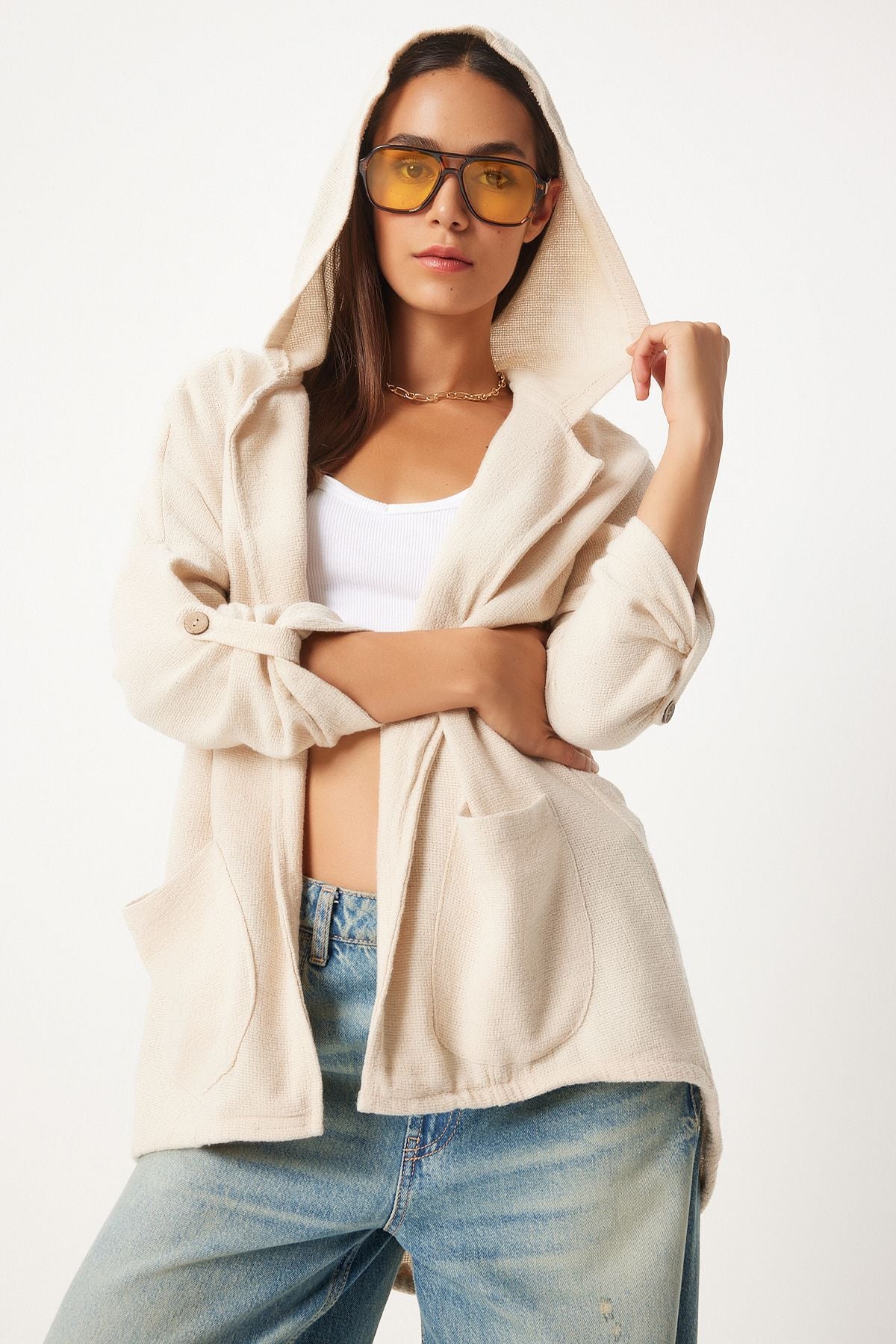 Krem Kapüşonlu Oversize Keten Ceket GP00007
