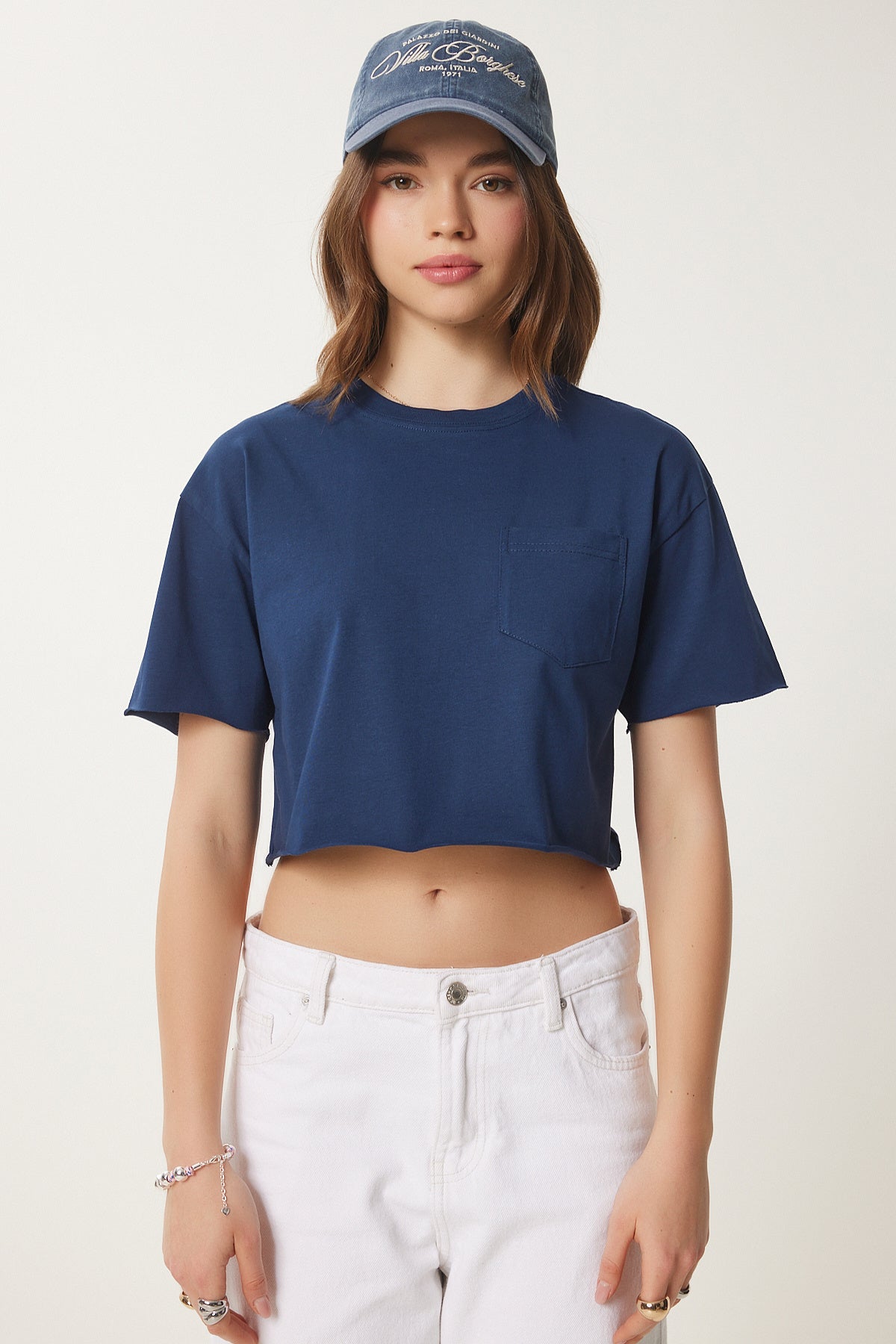 Lacivert Pamuklu Crop Örme T-Shirt CR00443