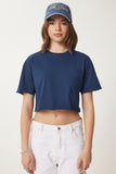 Lacivert Pamuklu Crop Örme T-Shirt CR00443