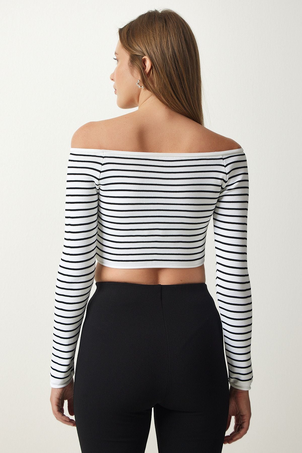 Beyaz Kare Yaka Çizgili Crop Bluz PF00019