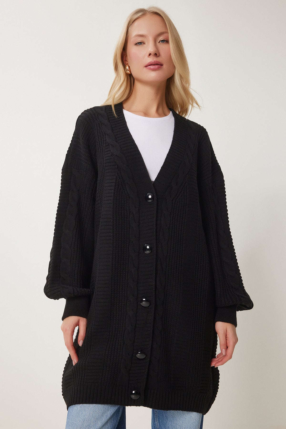 Siyah Balon Kollu Oversize Triko Hırka DD01033