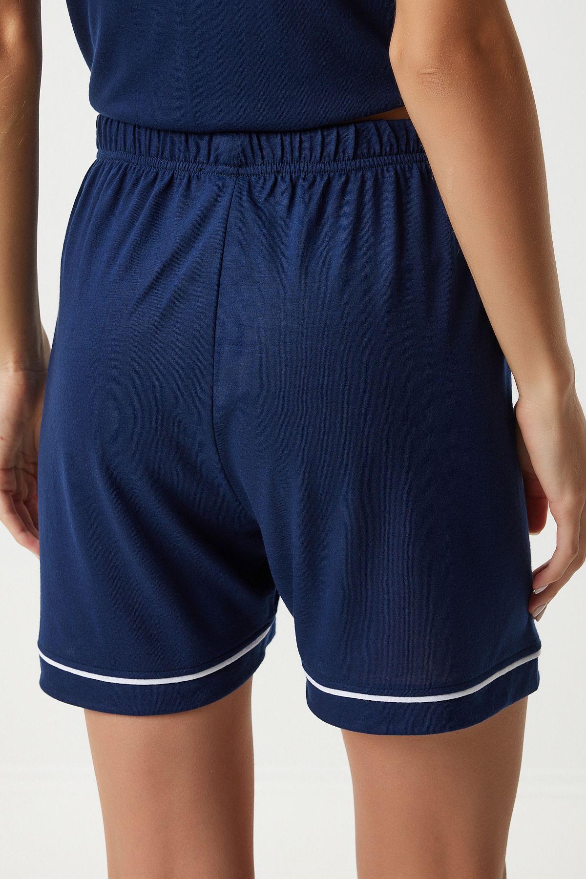 Lacivert Biye Detaylı Gömlek Şort Pijama Takımı EC00039