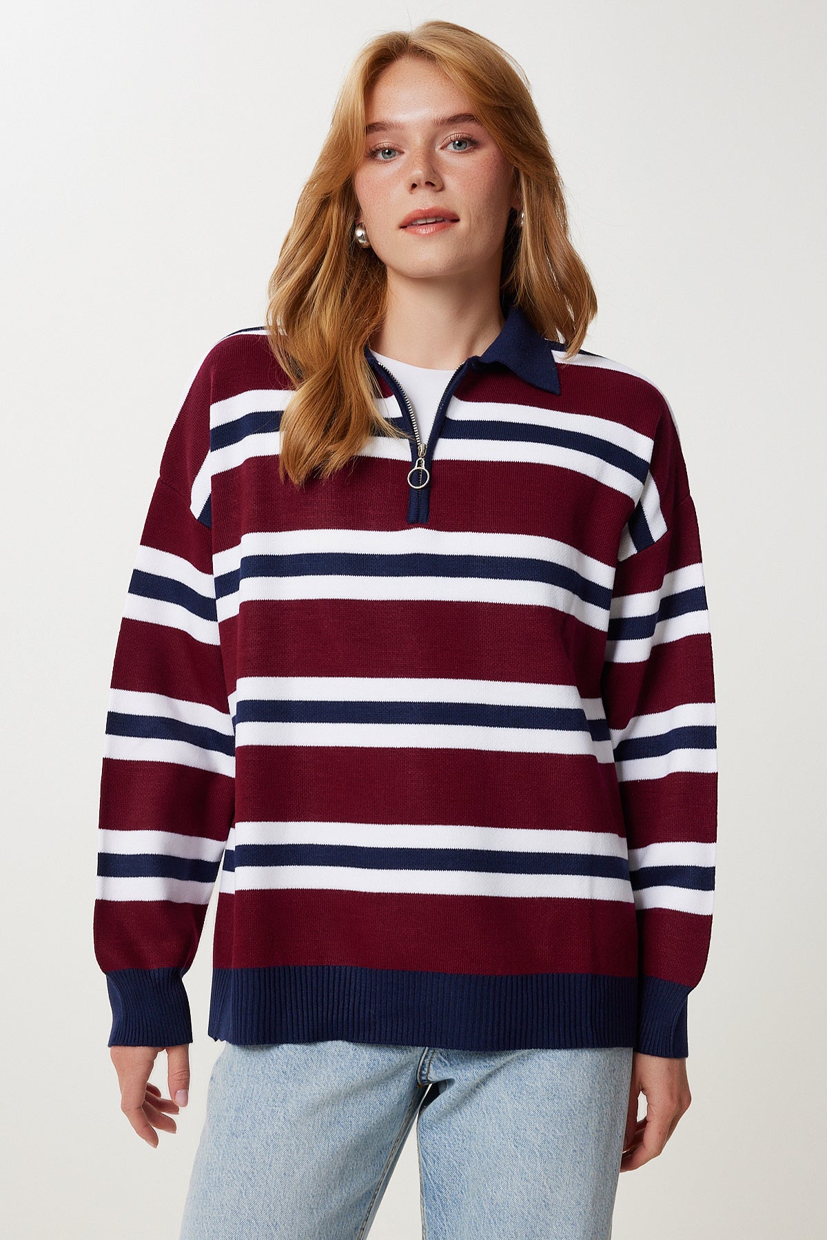 Lacivert Bordo Polo Yaka Çizgili Triko Kazak PF00118