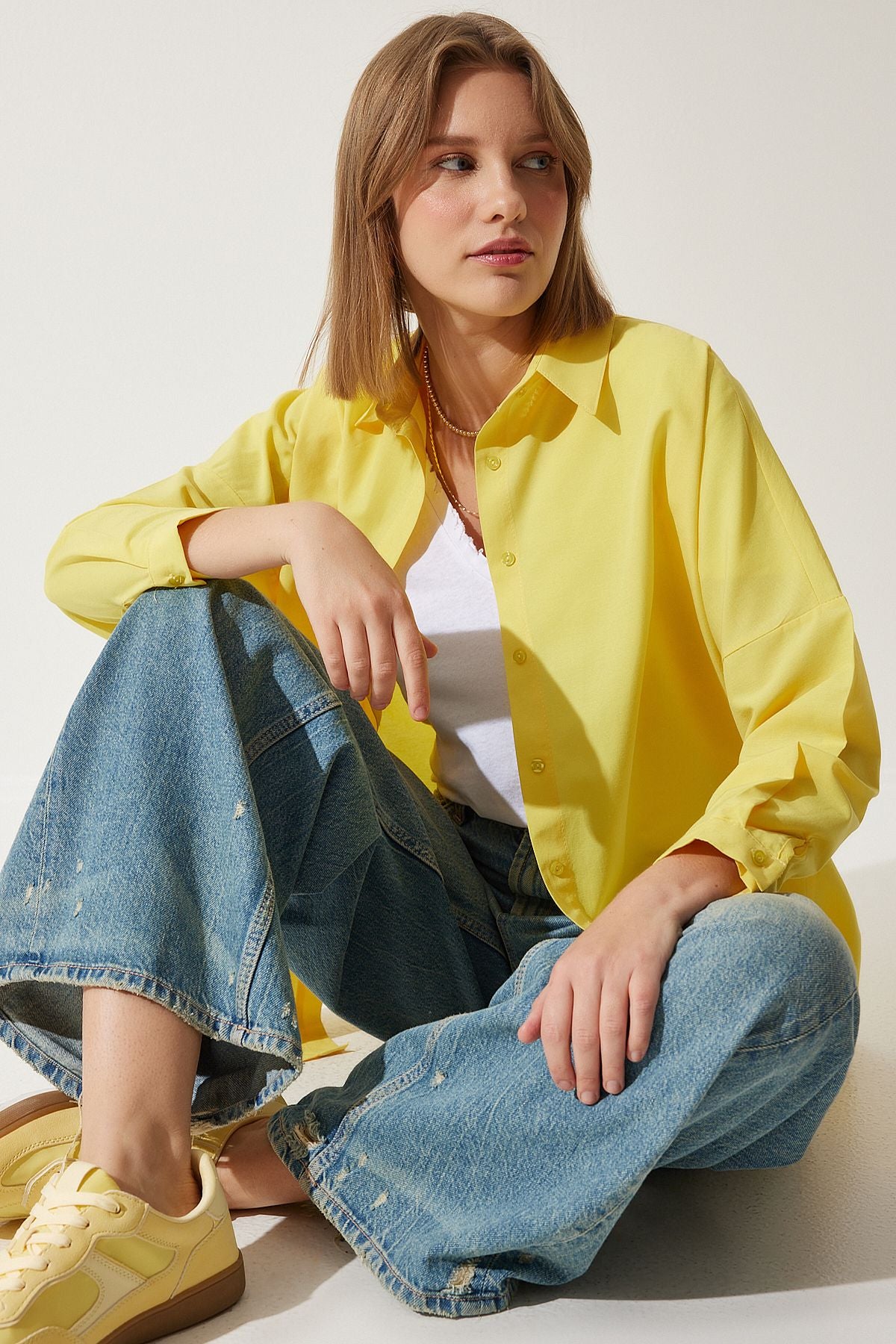 Sarı Oversize Uzun Basic Gömlek  DD00842