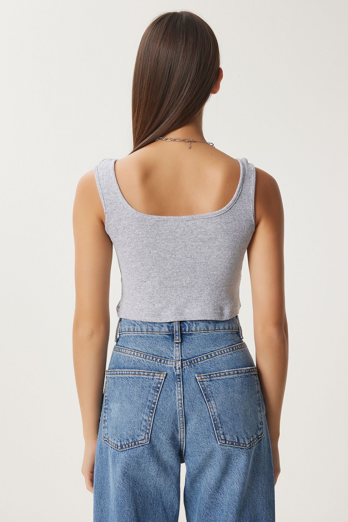 Kırmızı Gri Melanj Koyu Mavi 3'lü Paket Askılı Crop Örme Bluz GT00200