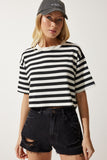 Siyah Bisiklet Yaka Çizgili Crop Örme T-Shirt CR00427