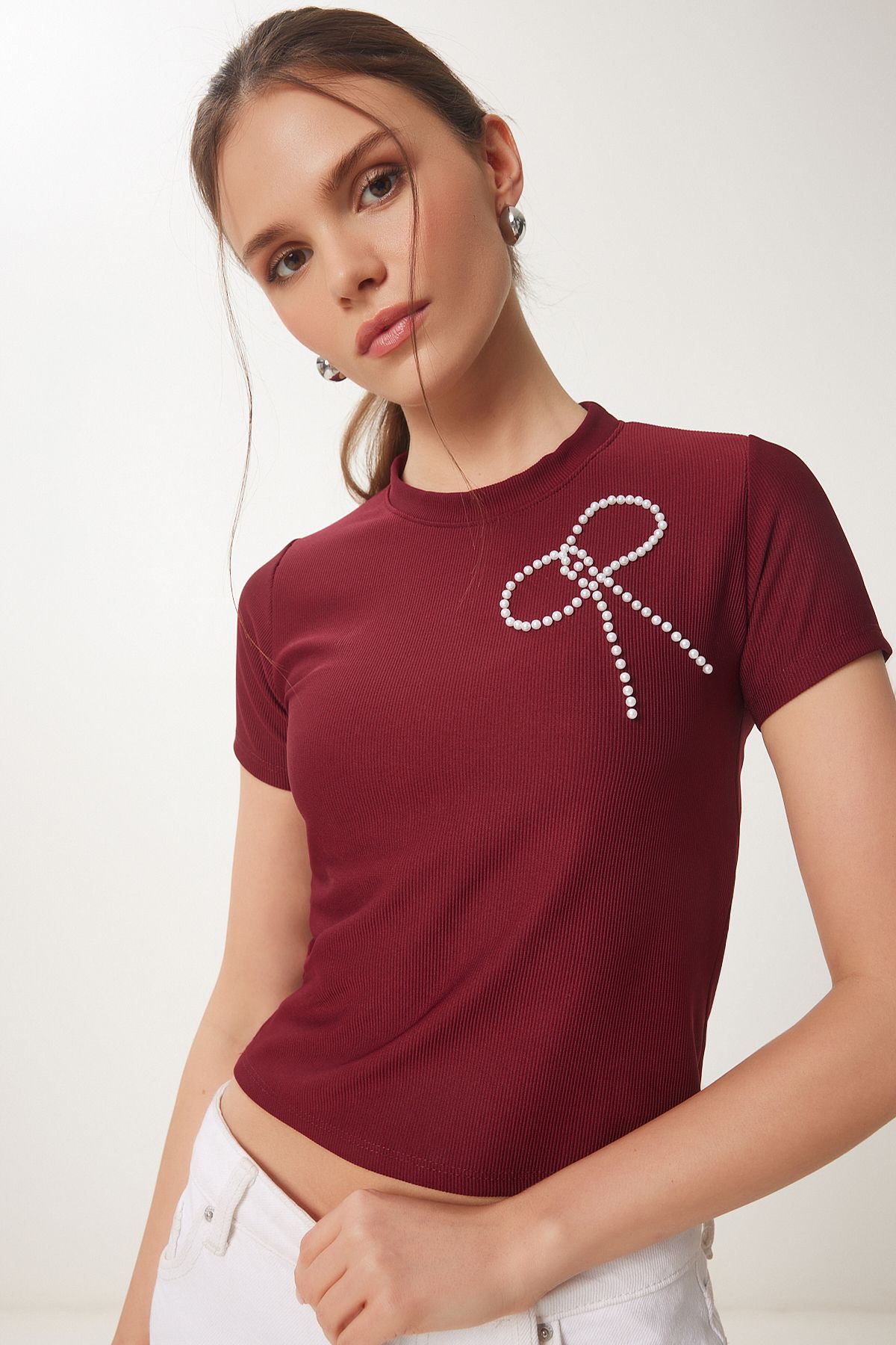 Bordo Boncuklu Fiyonk Detaylı Örme T-Shirt ZV00290