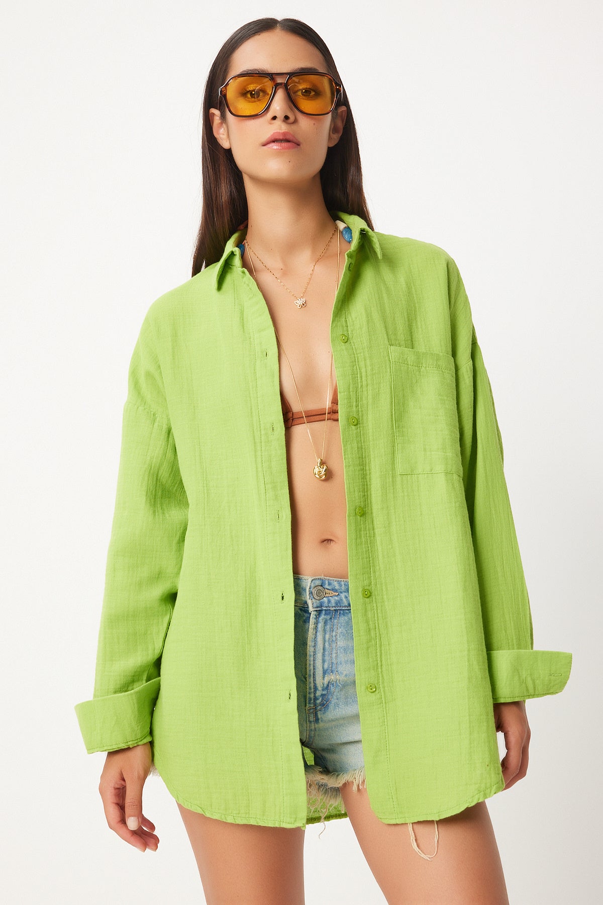 Fıstık Yeşili Oversize Basic Müslin Gömlek  MX00150